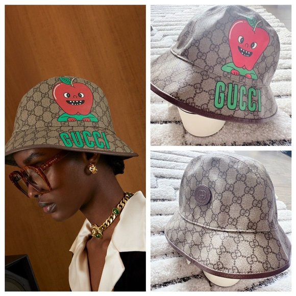NEW Gucci Apple Supreme Logo Fedora Basket Hat Coated Canvas Beige Ebony Size S - Picture 1 of 14